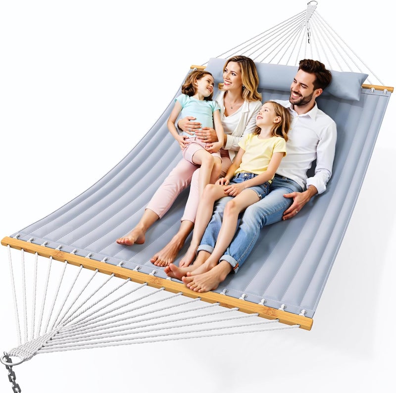 Everyfun Double Hammock with Spreader Bar,Soft Pillow,Max Load 500lbs,Portable Hammock for Outdoor,Camping,and Backyard,Dark Gray - Image 1